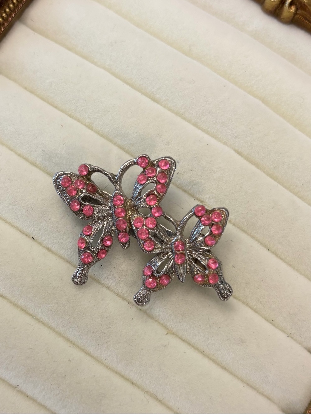 Barbie Pink Rhinestone Double Butterfly Silver Tone‎ Brooch Cottagecore Garden